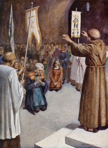 Columbus en zijn bemanning biechten en nemen de communie voor vertrek